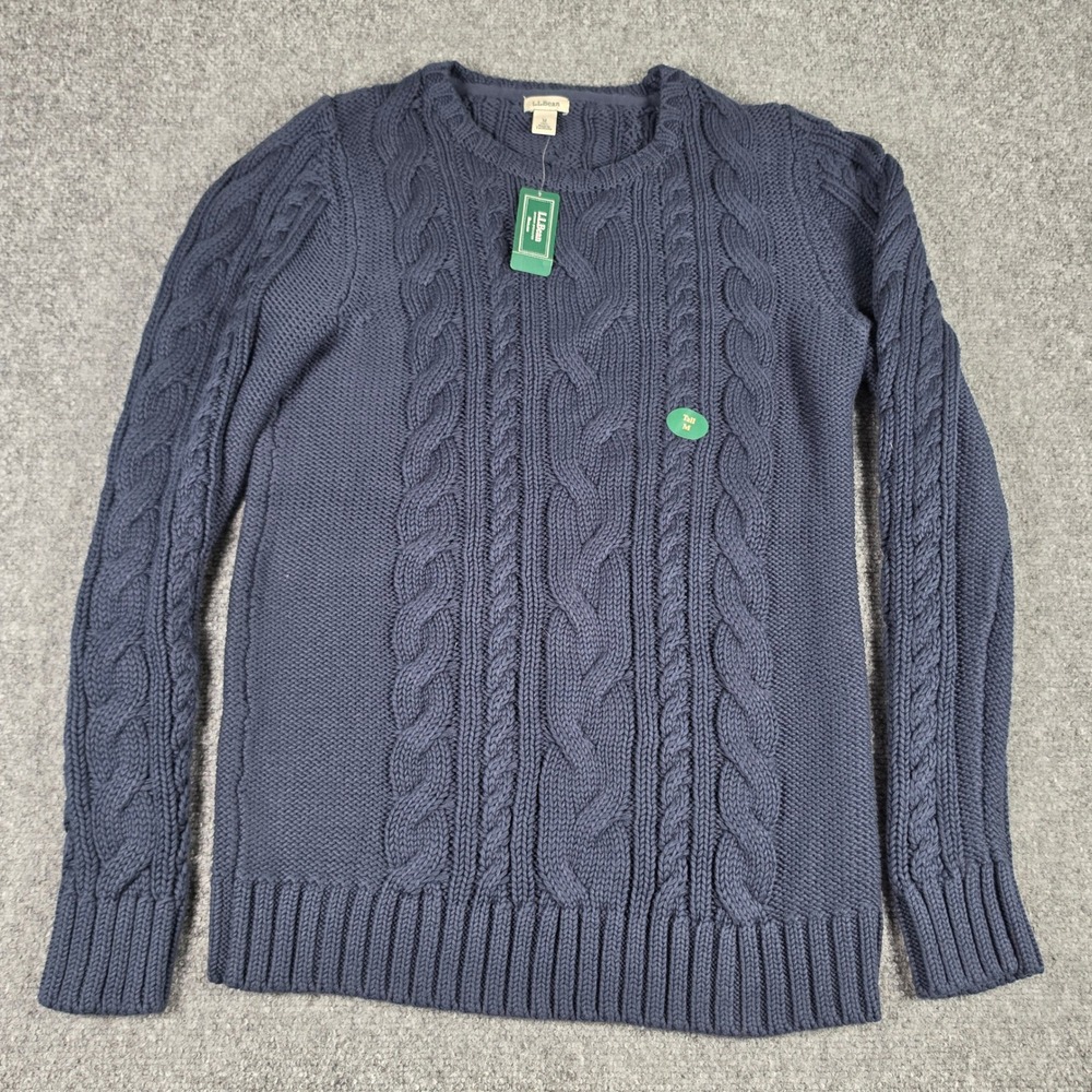 L.L.Bean Double L Cable Sweater Womens M Tall Navy Crewneck Cotton NWT